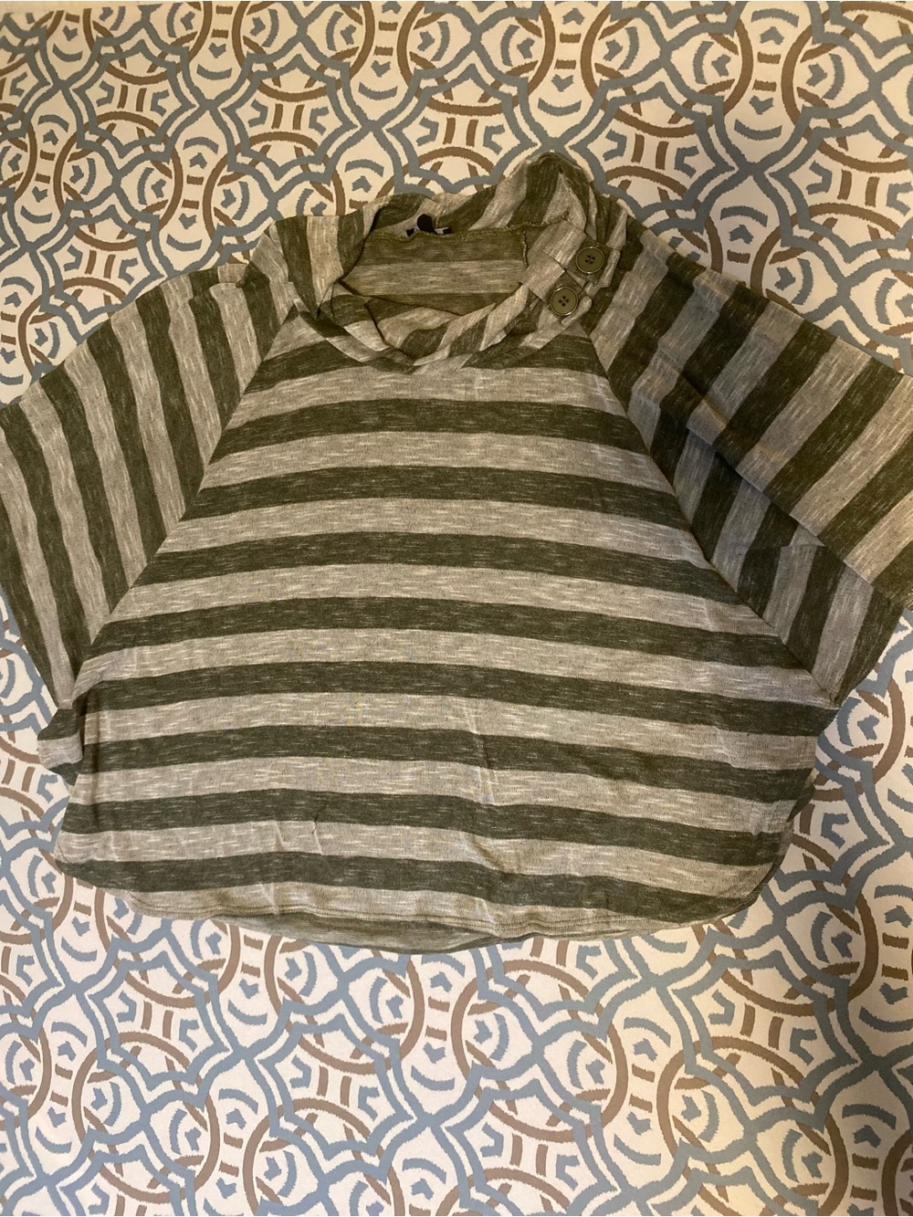 New Directions Olive and Gray Striped Short Sleeve Top